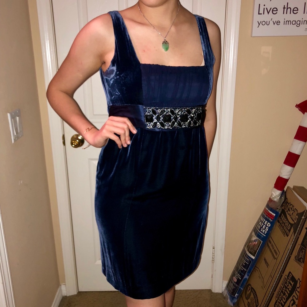 Blue Velvet Dress w Jewel Waistband